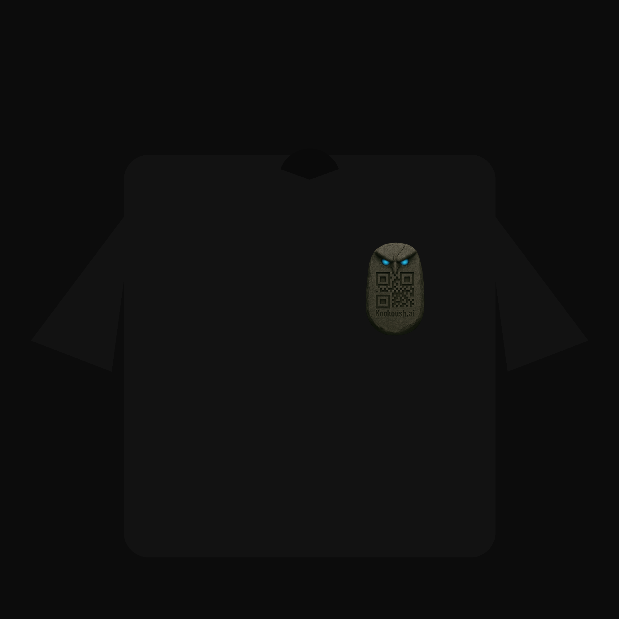 Black tee — left-chest stone pocket print (front view).